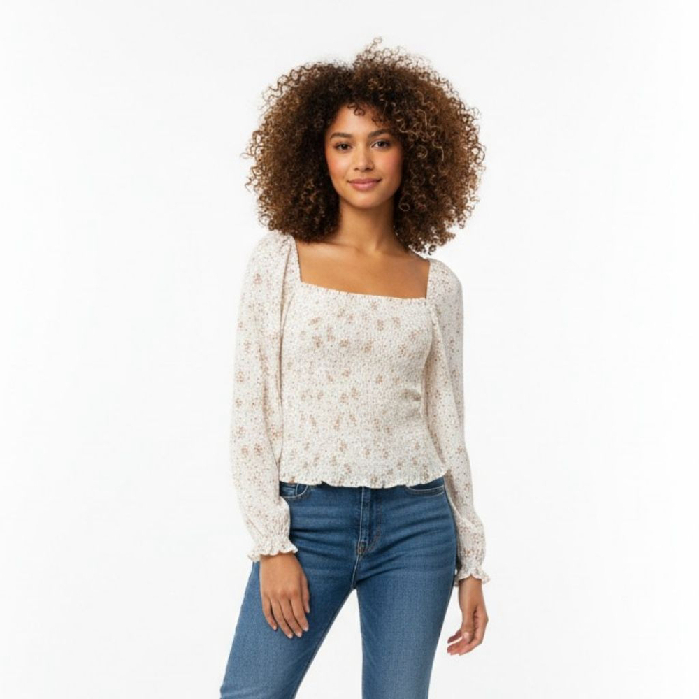 Cupcakes & Cashmere Floral Smocked Crop Blouse - Small